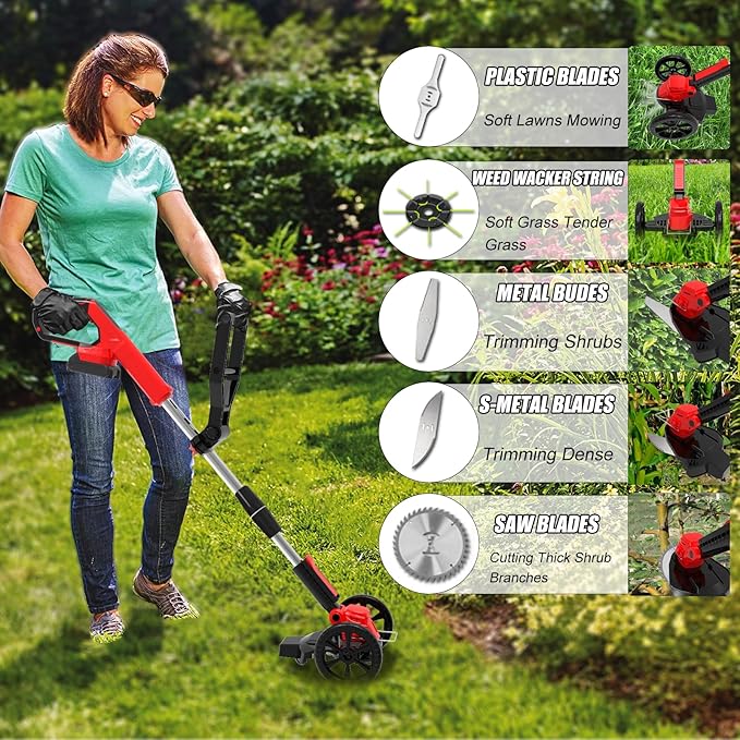 Electric Weed Wacker Cordless Eater Battery Powered String Trimmer, with 2Pcs 21V Battery 5 Types Blades Lightweight Grass Trimmer Edger Lawn Tool, Push Wheeled No-String Trimmer for Garden Yard