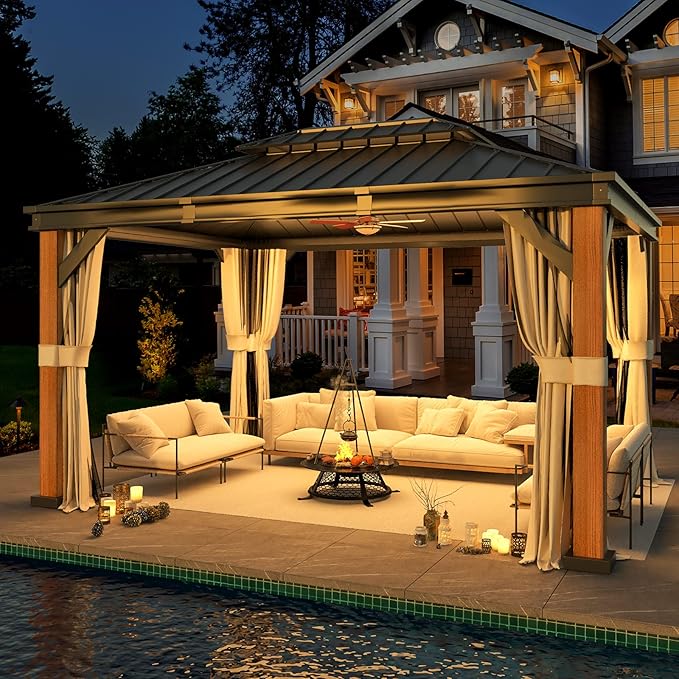 EROMMY 12' x 16' Hardtop Gazebo, Wooden Grain Aluminum Frame Thicker Column with Galvanized Steel Roof, Outdoor Permanent Pavilion with Curtains and Nettings for Patio, Backyard, Deck and Lawns