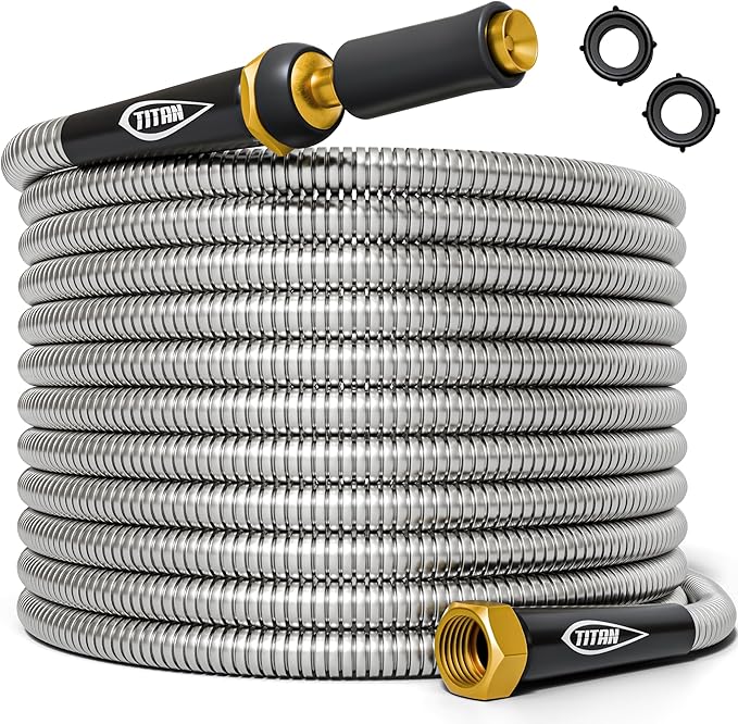 TITAN Garden Hose 9FT - 304 Stainless Steel Metal Water Hose, Flexible, Kink-Free, Lightweight, Durable, Crush Resistant Fittings, Easy to Coil, 500 PSI