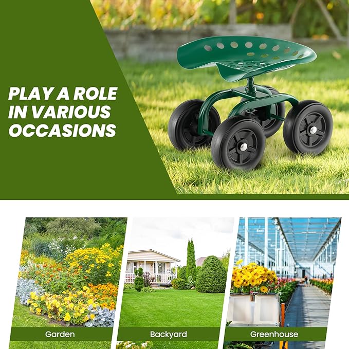 Rolling Garden Seat, Garden Cart with 360° Swivel Work Seat & Adjustable Height, Heavy Duty Garden Seat with Wheels for Lawn Yard Patio Greenhouse Planting Cleaning (Green)