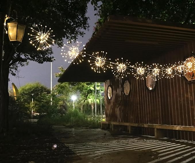 Remote Firework LED Copper Wire Starburst Lights - 10 Connection 600 LED Fairy Twinkle String Lights - 8 Modes With Remote Control, Dimming, Timer (Warm White)