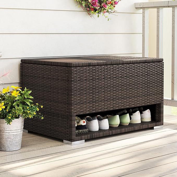 Tangkula 48 Gallon Rattan Outdoor Storage Box with Shoe Rack, Outdoor Storage Bin with Protective Liner, PE Wicker Deck Box for Patio Cushion Furniture, Pool Supplies and Garden Tools (48 Gallon)