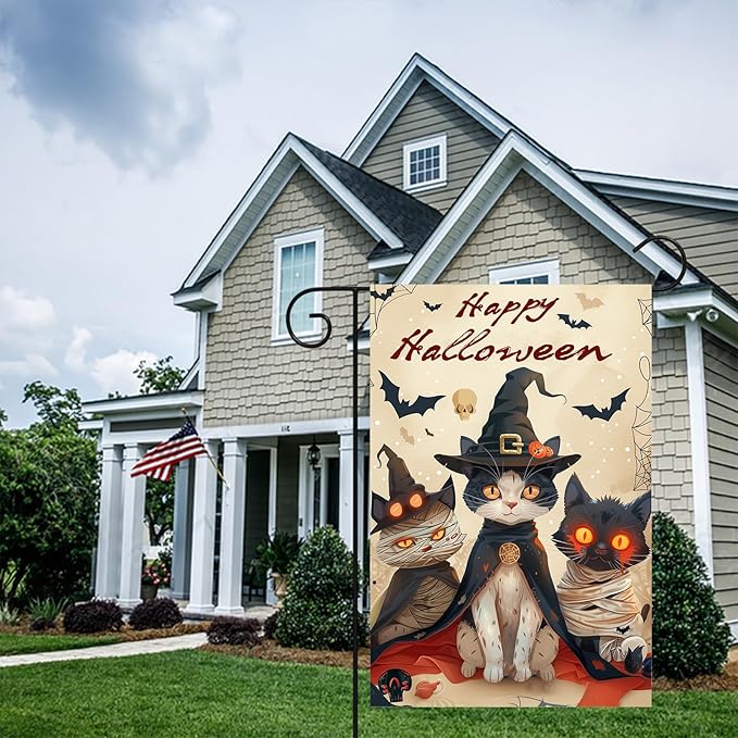 Happy Halloween Garden Flag Three Cute Cats Witch Mummy Flag 12x18 Inch Double Sided Spooky Outdoor Yard Decor House Banner Porch Lawn Patio Home Decoration