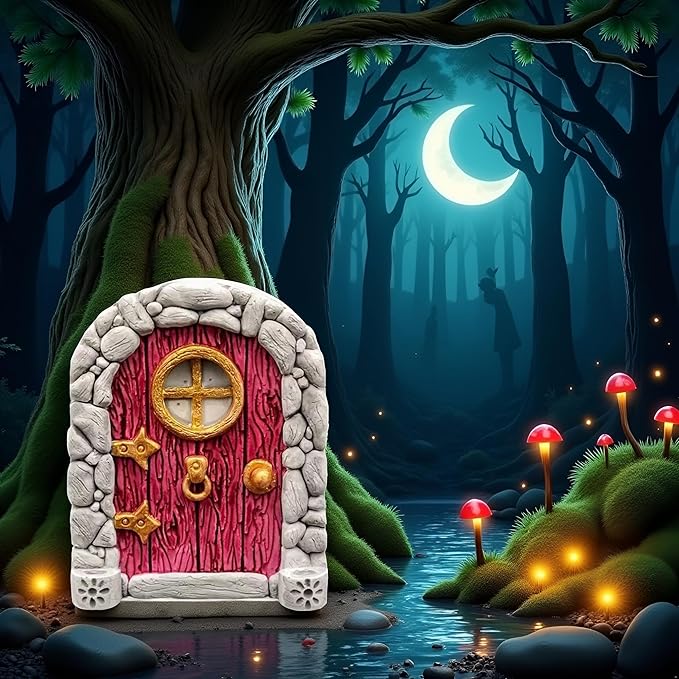 Red Mini Fairy Garden Door for Tree, 3D Miniature Fairy Door for Fairytale Tiny House Doors, Bonsai Terrarium Micro Landscape Decoration Accessories Garden Miniatures