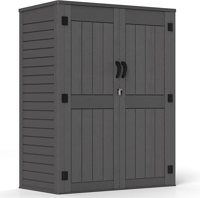 4.5 x 5.7 FT Outdoor Storage Shed, 59 Cuft Outside Waterproof Storage Cabinet, HDPE Resin Plastic 385 Gallon Outdoor Storage Container, Vertical Lockable Storage Shed, Grey