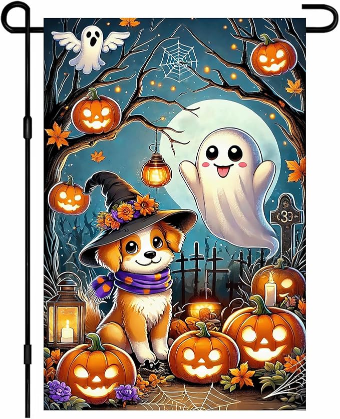 Halloween Horror Garden Flag 12x18 Inch Cute Ghost Dog Witch Hat Pumpkin Lantern Flag Spooky Outdoor Yard Decor House Banner Porch Lawn Patio Home Decoration