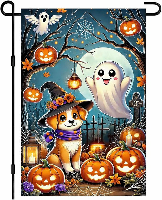 Halloween Horror Garden Flag 12x18 Inch Cute Ghost Dog Witch Hat Pumpkin Lantern Flag Spooky Outdoor Yard Decor House Banner Porch Lawn Patio Home Decoration
