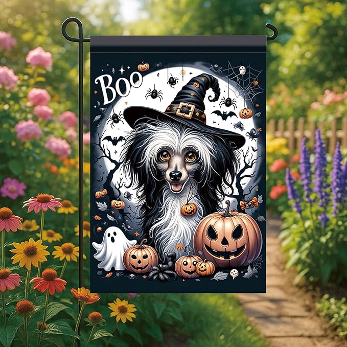 Halloween Garden Flag Chinese Crested Dog Flag 12x18 Inch Boo Pumpkin Yard Banner Double Sided Outdoor Trick or Treat House Decoration for Lawn Porch Patio Holiday Fall Decor