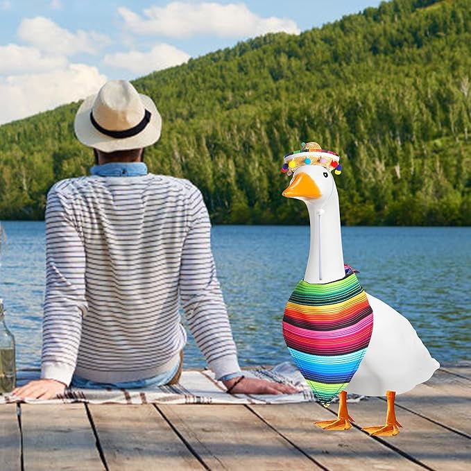 XIMEO Porch Goose Outfit for 17" & 23" Lawn Goose – Striped Poncho & Hat Clothes Set – Outdoor Porch Goose Decoration for Duck or Garden Statues
