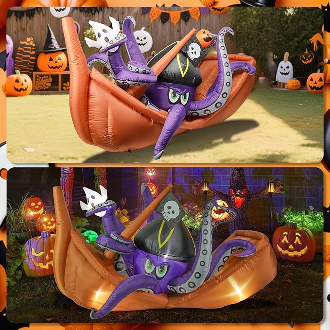 VCUTEKA 7FT Halloween Inflatable Octopus Pirate Ship Pumpkin Ghosts Outdoor Decoration, Blow Up Decor with LED Lights for Holiday Party Inflatables Indoor Home Garden Lawn Yard Decorations