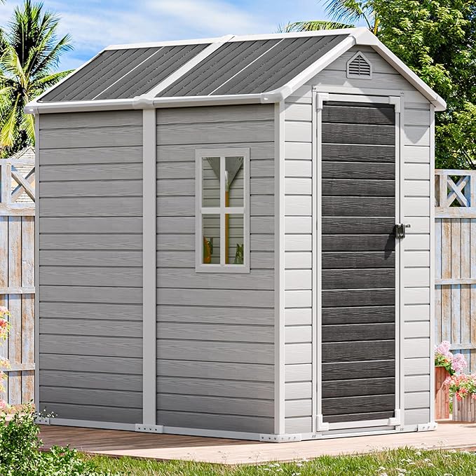 Resin Outdoor Storage Shed with Floor 6x4 FT Waterproof Plastic Sheds Kit Window Lockable Door Included, Outside Garden Tools Sheds for Backyard Patio, Gray