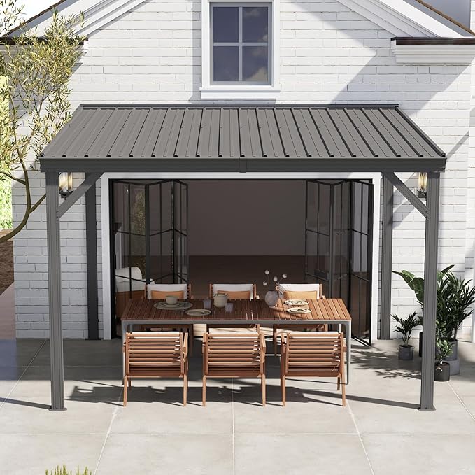 Domi 8’x10’ Wall-Mounted Hardtop Gazebo Pergola – Permanent Lean-to Outdoor Shelter with Sloped Galvanized Steel Roof & Upgraded Drainage – Grey Metal Patio Cover for Backyard, Deck, Garden