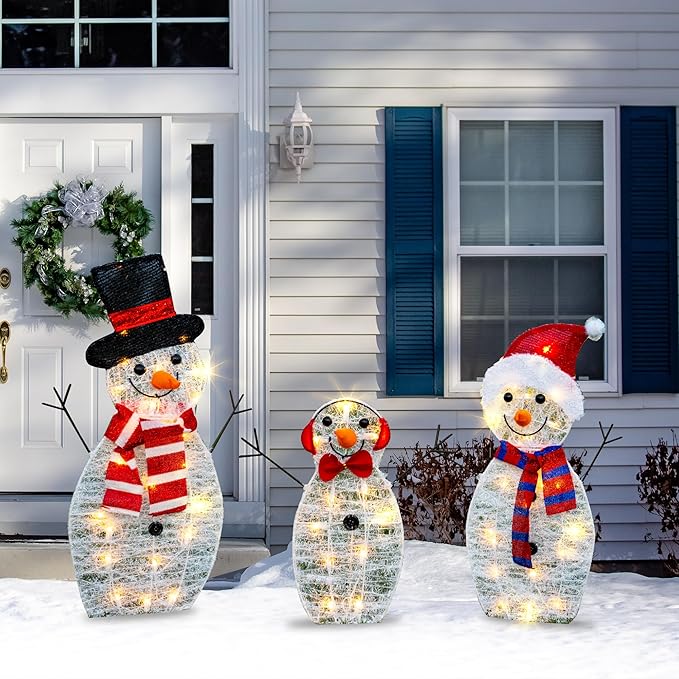 TW SHINE Lighted Christmas Snowman Outdoor Decoration, 3-Piece Pre-Lit 2D Snowman Family Set with 55 Warm White Lights, Christmas Yard Decorations for Patio Lawn Garden Decor, 20.5X9X29.5Inch-Large