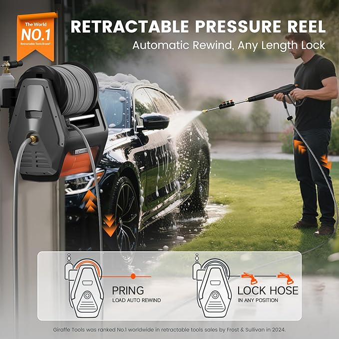 Giraffe Tools Grandfalls Pressure Washer Pro, Electric Wall Mount Power Washer with 100FT Retractable Pressure Hoses, 3700PSI, 1.6GPM, 4 Nozzles, Foam Cannon for Cars/Patios, Dark Silver