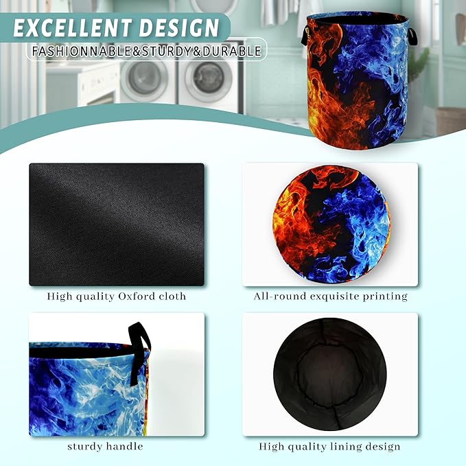 Red Blue Fire Flame Laundry Basket Foldable With Handles Cool Tote Bag Oxford Cloth Colorful Laundry Hamper Clothes Storage Bucket Toy Organizer For Bathroom/Laundry/Bedroom 18.9" x 16.5 "