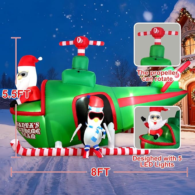 HFO 8ft Wide&5.5ft Tall Christmas Inflatable Outdoor Decorations, Blow up Yard Decor with Santa Claus to Fly a Helicopter with a Penguin, Bright LED Lights Christmas Outdoor Decorations