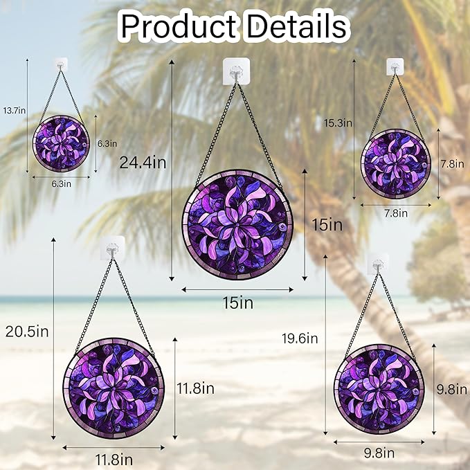Stained Glass Window Hanging - Purple Abstract Flower Suncatcher for Door Garden Patio Sun Catchers Decor Christmas Mother's Day Birthday Gifts for Women Men Mom Nana Aunt Friend 9.8 in