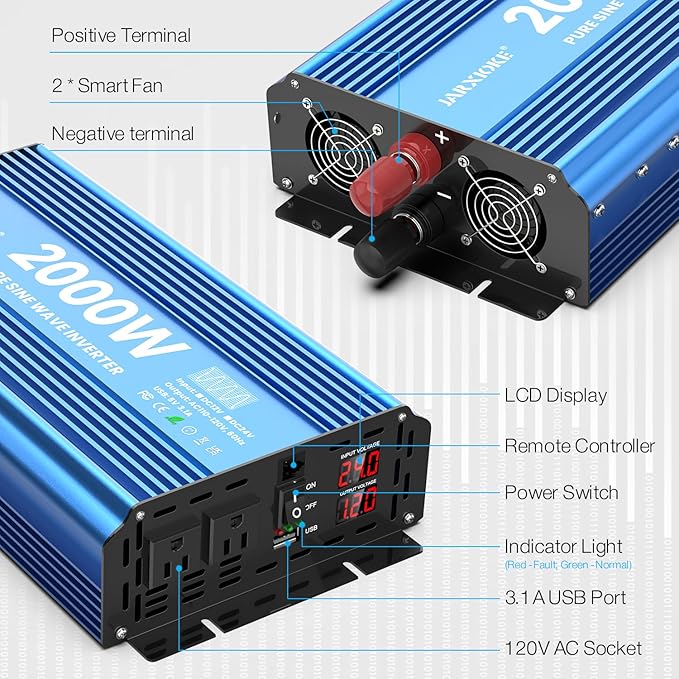 2000 Watt Pure Sine Wave Power Inverter, 12V DC to 110 Vdc to 120 Vdc, for Home, RV and Off-Grid Solar Systems, with 2 AC Outlets and USB Port, LCD Display, with Remote Control