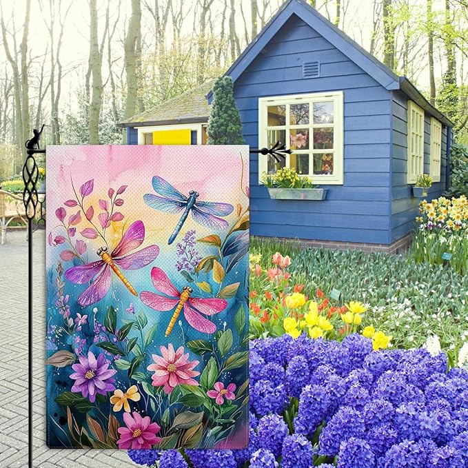 Colorful Spring Summer Dragonfly Garden Flag Floral Flowers Garden Flag Vertical Double Sided Rustic Farmland Burlap Yard Lawn Outdoor Decor 12.5x18"