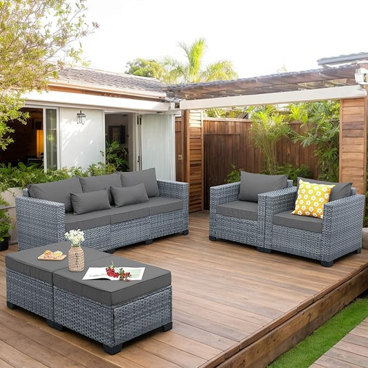 Patio Furniture Set, 5-Piece Outdoor Wicker Conversation Set with All-Weather PE Rattan, Anti-Slip Cushions & Ottomans, Sectional Sofa for Patio, Balcony & Deck, Grey