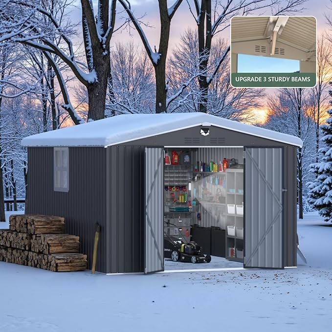 10x12 FT Outdoor Storage Shed, Metal Shed with 1 Window & Lockable Door, Large Heavy Duty Tool Sheds, Outside Waterproof Storage Building