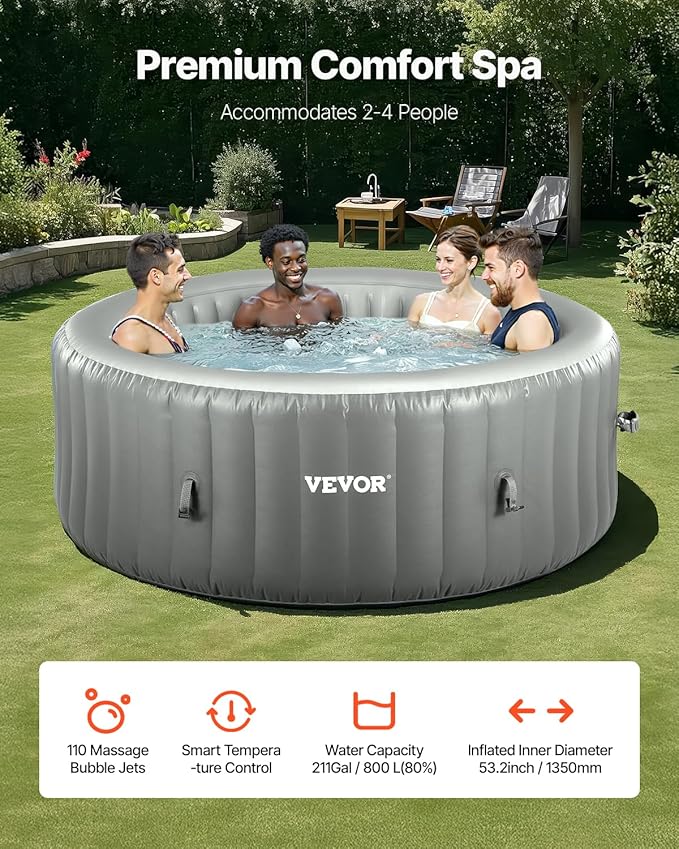 VEVOR Inflatable Hot Tub, 2 to 4 Person Capacity, 70.9 x 26 in Round Portable Outdoor Spa, with 110 Soothing Jets, Filter, Cover and Mat, Multi-Function Control Panel, PVC Outdoor Hot Tub, Grey