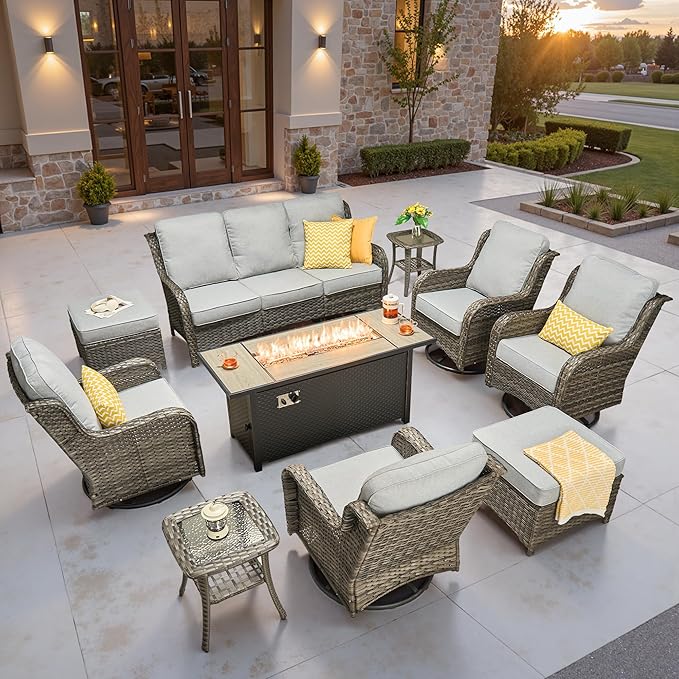 ovios 10 Pieces Patio Furniture Set, Outdoor Wicker Sofa Couch with Swivel Chairs 54" Fire Pit Table, High Back All Weather Modern Conversation Sets, Grey Rattan, Grey