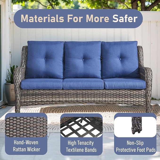 Wicker Outdoor Conversation Se with 50,000 BTU Gas Propane Fire Pit Tablet-7 Pieces Outdoor Wicker High Back Couch Patio Furniture for Deck Poolside Backyard