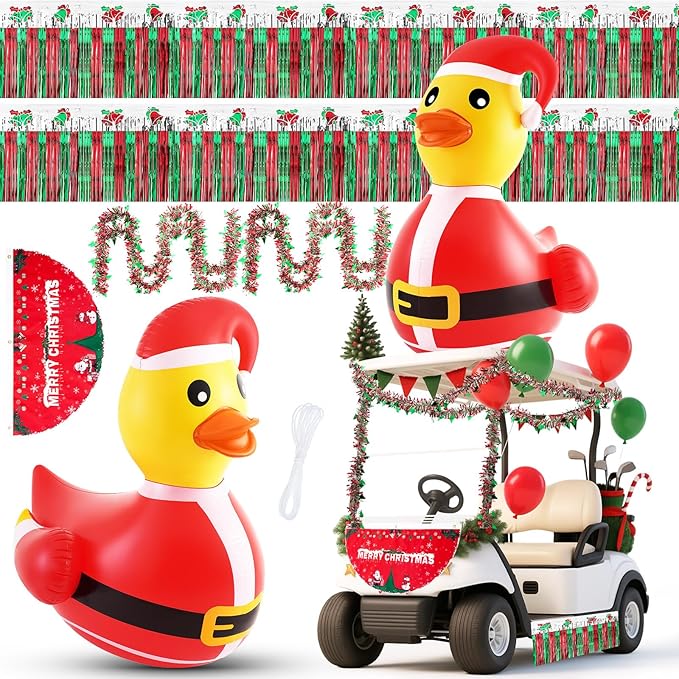 Hungdao 9 Pcs Christmas Golf Cart Parade Decorations Include 1 Pcs 4 Feet Inflatable Giant Santa Duck with Float Bunting Flag Tinsel Garland for Christmas Car Yard Party Decoration