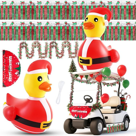 Hungdao 9 Pcs Christmas Golf Cart Parade Decorations Include 1 Pcs 4 Feet Inflatable Giant Santa Duck with Float Bunting Flag Tinsel Garland for Christmas Car Yard Party Decoration