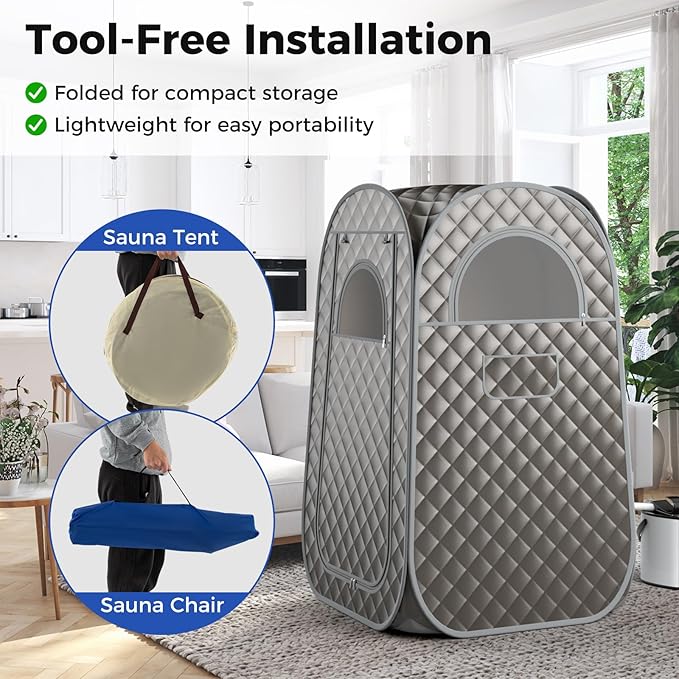 Giantex Portable Sauna, Full Body Steam Sauna w/ 3L Steam Box, Remote Control, Wood Foot Roller & Foldable Chair, Pop-Up Sauna Box for Single Person, Lightweight Personal Sauna Tent for Home (Gray)