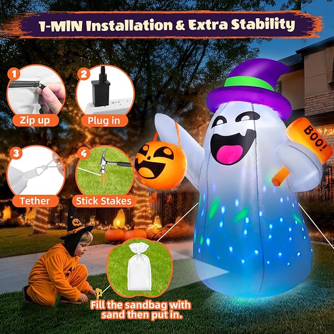 5FT Halloween Inflatables Ghost Built-in Colorful Flashing LED Lights, Cute Halloween Decorations Outdoor with Pumpkin Boo, Blow Up Yard Decorations for Indoor Yard Party (1PCS)