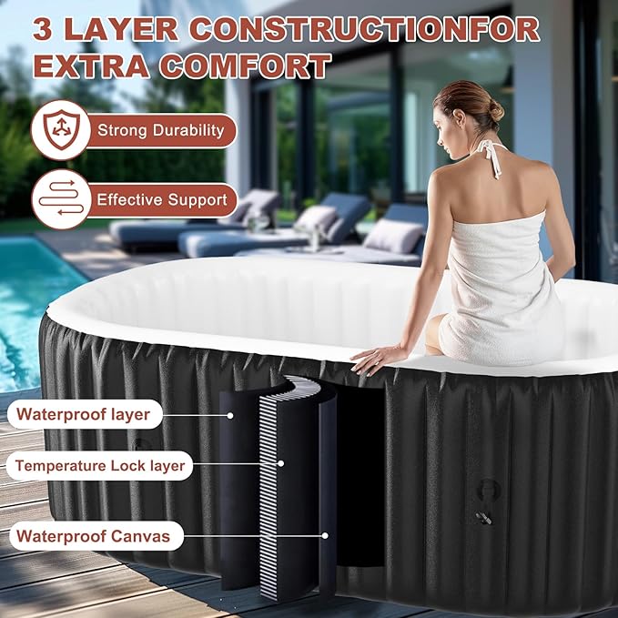 LILYPELLE 1-2 Person Inflatable Hot Tub, Oval Portable Hot Tub with 100 Bubble Jets, Large Outdoor Spa Bathtub Set Included Heater Pump, Filter and Insulated Cover, 75" X 47" X 25"