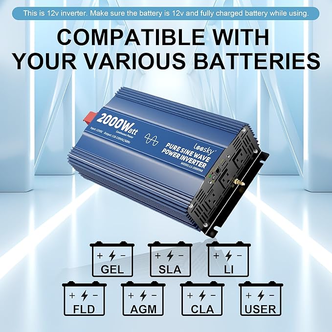 2000 Watt Pure Sine Wave Inverter, 12V DC to 120V AC Converter for RV Truck Off-Grid Solar Home Power Inverter with 3 AC Outlet, 5V 2.4A USB, Remote Control Compatible with Lithium Battery by LEESKY