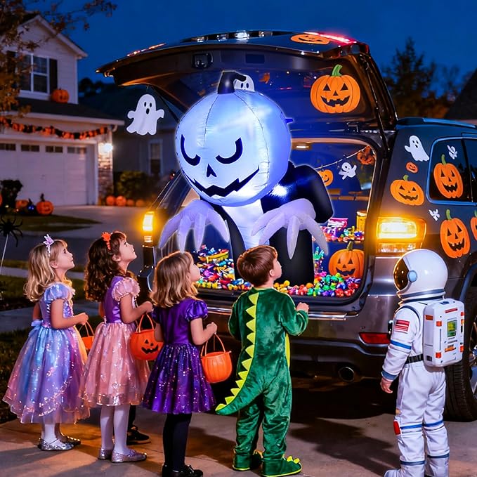 3.6 Ft Halloween Trunk or Treat Inflatable Car Decorations Kit, Blow Up Pumpkin Ghost Built in Blue LED Lights Quick-Inflating Outdoor Decor for Car, Halloween Party Yard Decor