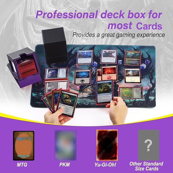 MTG Deck Box, Double Display Window MTG, Commander Deck Box Fits 120+ Single Sleeved Cards, PU Leather Magnetic Closure Card Box with 2 Dividers&2 Toploaders for TCG, CCG, Black/Violet