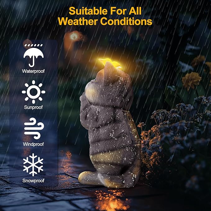 Solar Garden Decor Outdoor Statues Cat - Lawn Decor Statue for Patio, Balcony, Yard Ornament - Unique Gifts for Housewarming, Birthday, Christmas (Gray)