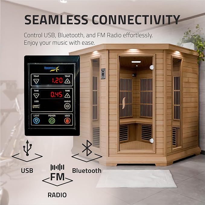 SteamSpa 1-5 Person Low EMF Carbon FAR Infrared Hemlock Wood and Tempered Glass Indoor Home Sauna Room with LED Touch Control Panel, Color LED Therapy Light, Bluetooth Speaker, Oxygen