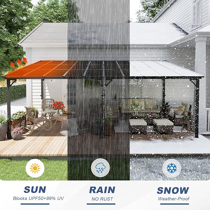 MEISSALIVVE 12' x 14' Wall Mounted Lean to Metal Awning Sloped Roof Patio Backyard Deck, Black