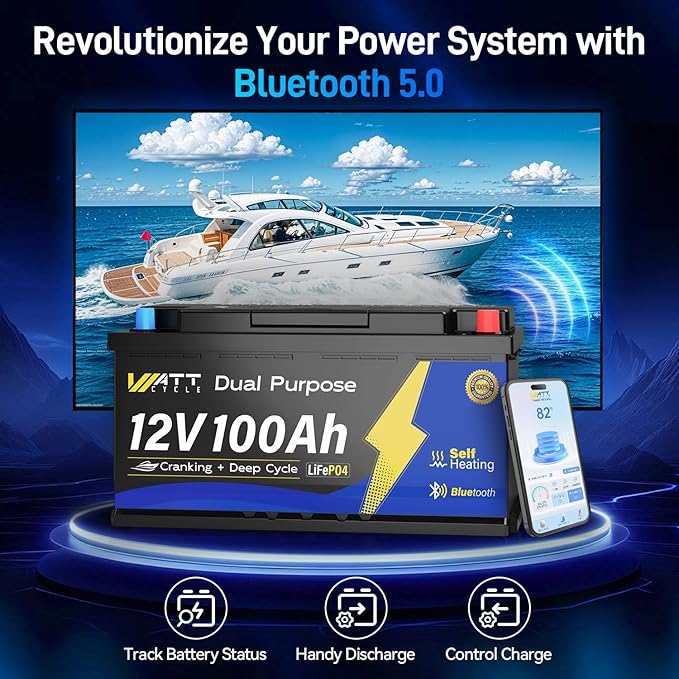 Wattcycle 12V 100Ah Marine Starting LiFePO4 Battery Bluetooth, [Cranking &Deep Cycle] Lithium Battery with Self-Heating, Built-in 200A BMS, Perfect for Trolling Motor, RV, Marine, Boat