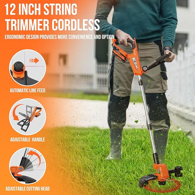 VARSK 20V String Trimmer Cordless, 12 Inch 2 in 1 Trimmer and Edger, Automatic Line Feed, Includes 2 X 2.0Ah Batteries/1 X Fast Charger/6 X Spare Spools, for Lawn, Garden, etc, Orange