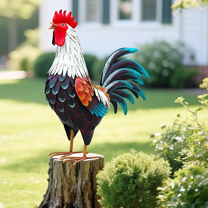 Metal Rooster Decor,Yard Chicken Decorations,Outdoor Garden Statues, Metal Chicken Sculpture for Backyard Patio Kitchen Decor & Lawn Ornaments