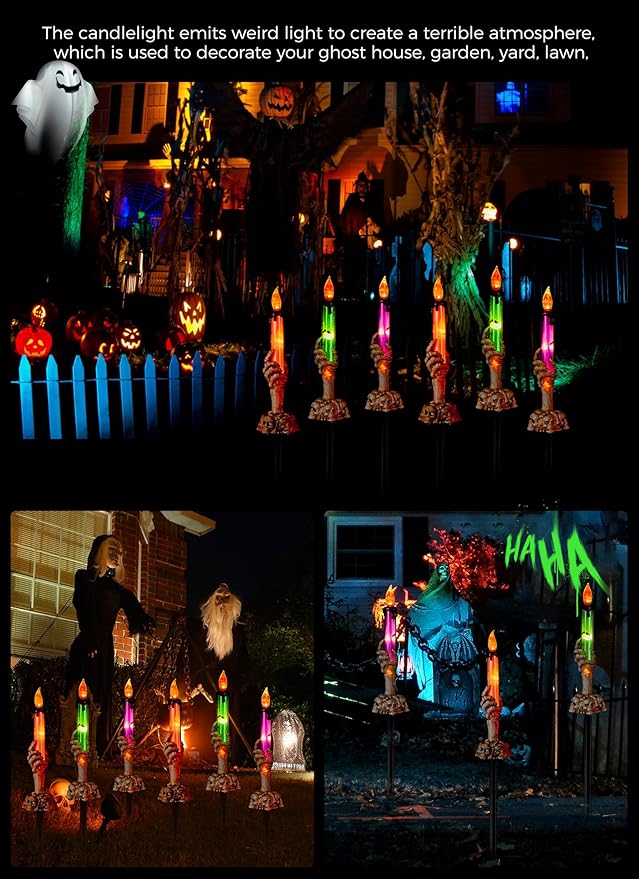 Halloween Decorations, 2 x 6 Pack Skeleton Hands Hold Lighted Candle Stakes, Waterproof Battery Operated Pathway Decor with Timer, Light Up for Tabletop Indoor Outdoor Party Lawn Yard Garden