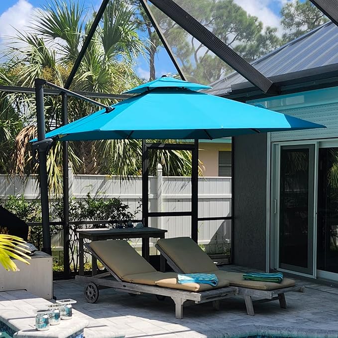 PURPLE LEAF 10FT Cantilever Outdoor Umbrellas Large Patio Umbrella Hanging Double Top Square Offset Umbrella with 360°Rotation Tilting Umbrella Outdoor Patio, Turquoise Blue