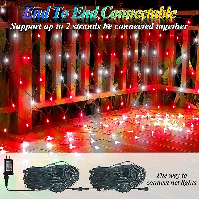 Christmas Net Lights Red & White, 14.8ft x 5ft 300LED Mesh Lights Outdoor Green Wire 8 Modes Timer, Waterproof Connectable String Lights for Bushes Xmas Tree Garden Holiday Party Decor