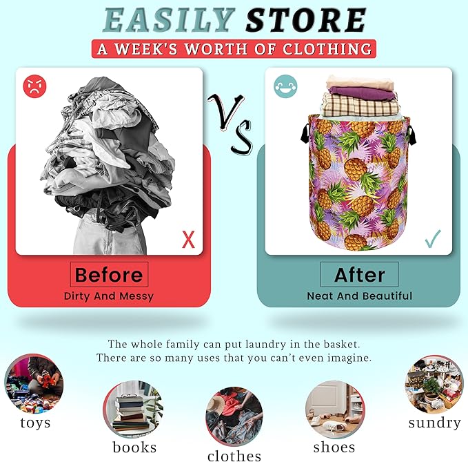Tropical Pineapples Laundry Basket Foldable With Handles Palm Leaves Tote Bag Oxford Cloth Colorful Laundry Hamper Clothes Toy Storage Bucket For Bathroom/Laundry/Bedroom 18.9" x 16.5 "