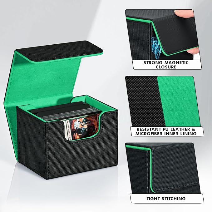 ZLCA Card Deck Box for Trading Cards, MTG Commander Deck Box Holds 120+ Single Sleeved, Leather Magnetic Card Storage Case Fits for TCG CCG Magic(Black& Dark Green)