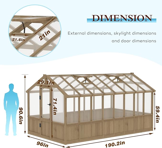 Mupater 8 x 16 FT Wooden Greenhouse for Outdoor, Heavy Duty Greenhouse Kit with Vent Window and Lockable Door, Walk-in Green House for Garden, Patio, Backyard and Lawn, Brown