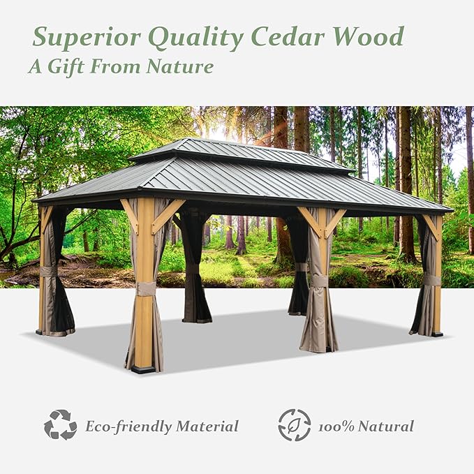 Domi 12' X 20' Wood Gazebo, Cedar Frame Hardtop Gazebo with Galvanized Steel Double Roof, Netting & Curtains, Patio Pergola Pavilion for Patio, Backyard, Deck, Lawns