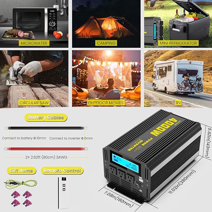 4000 Watt Modified Sine Wave Power Inverter, 12V DC to AC 110V/120V (Peak) 8000W Converter 3 Outlet Car Inverter with Remote Control and LED Display 3.4A USB Port